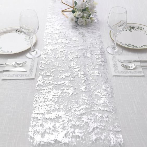 2 Pieces Silver Table Runner Metallic Glitter Table Cloths - 12 x 108 Inch - Chic Decor for Minimalist Weddings