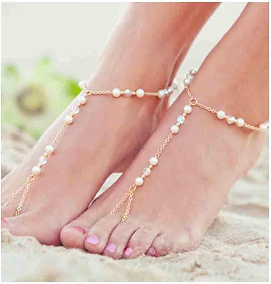 Elegant Pearl Toe Ring Anklet Bracelet Gold Barefoot Sandals - Luxurious Wedding Foot Jewelry