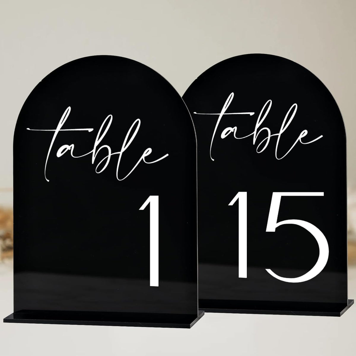 Black Arch Wedding Table Numbers 1-15 with Stands - 5"x7" Arched Acrylic Signs for Minimalist Wedding Decor