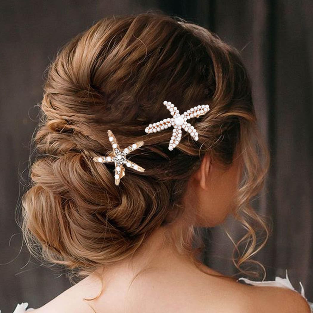 2 Styles Starfish Hair Clips with Gold Pearl Barrettes - Luxurious Wedding Hair Accessories