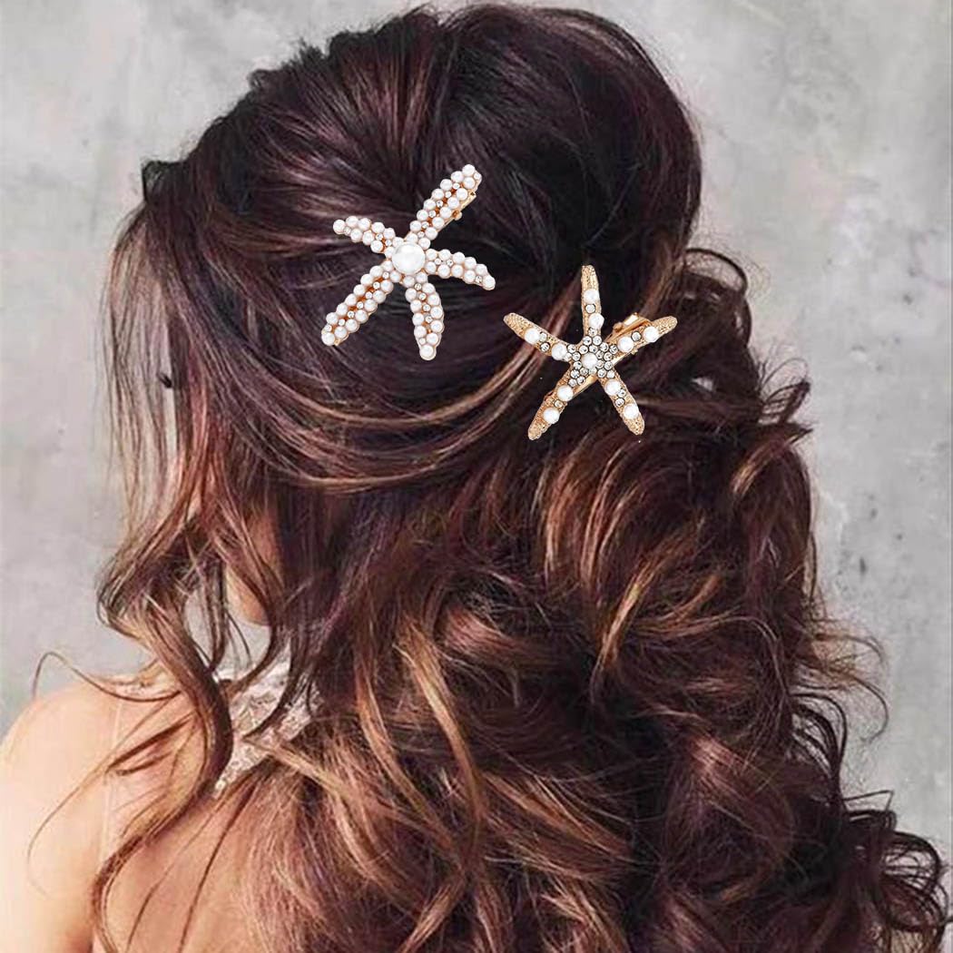 2 Styles Starfish Hair Clips with Gold Pearl Barrettes - Luxurious Wedding Hair Accessories