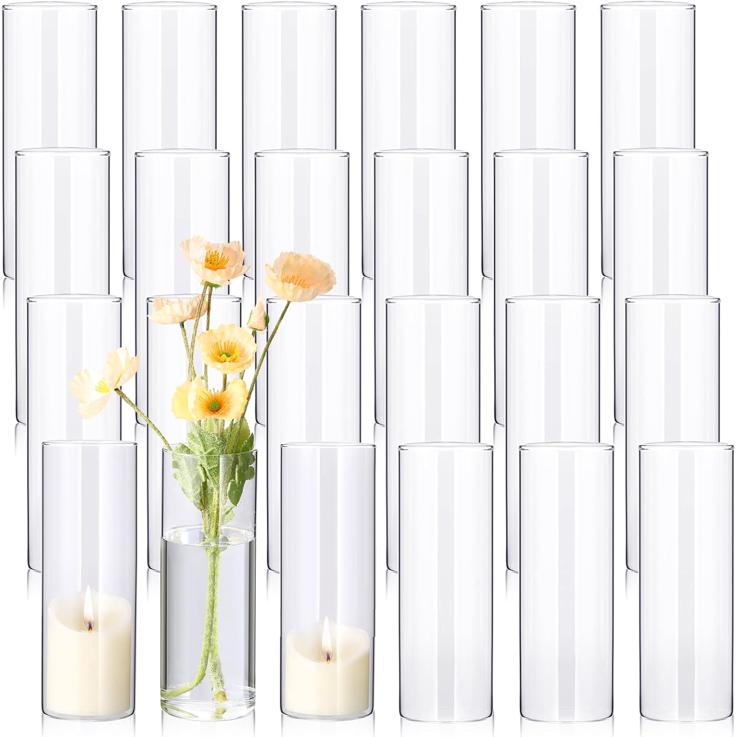 24 Pcs 8 Inch Tall Clear Cylinder Glass Vases - Bulk Set for Elegant Minimalist Wedding Decor