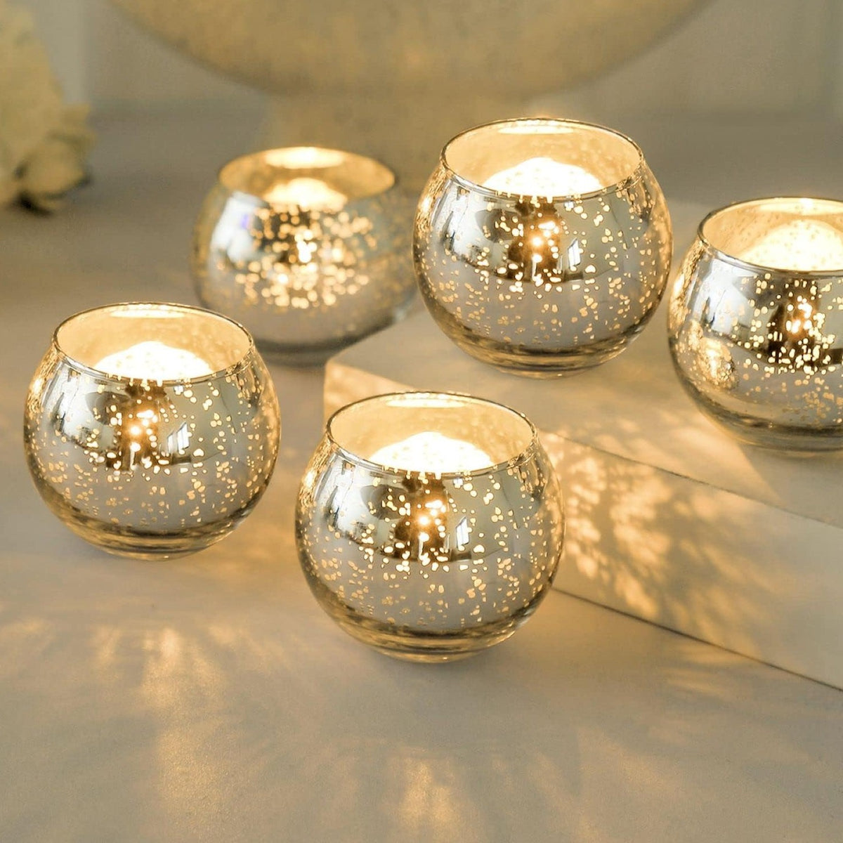 Set of 12 Round Gold Votive Candle Holders - Mercury Glass Design for Gatsby Wedding Decor