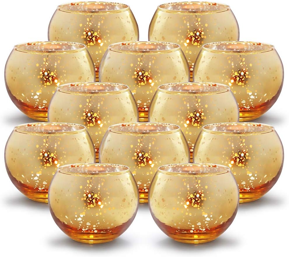 Set of 12 Round Gold Votive Candle Holders - Mercury Glass Design for Gatsby Wedding Decor