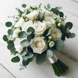 Elegant Bride's Bouquet: 13 x 7 White Roses and Eucalyptus - Timeless Wedding Accessory