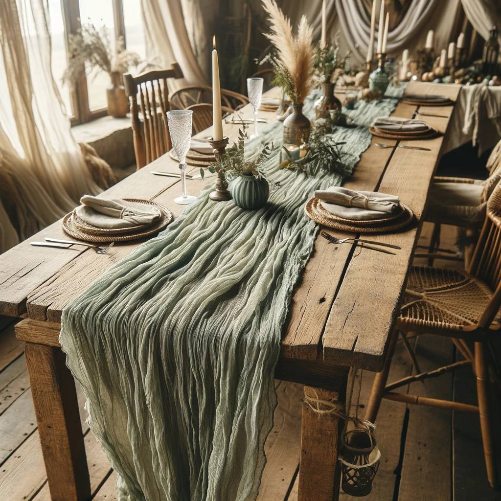 Bohemian Elegance: Sage Green Cheesecloth Table Runner, 27x160 Inch - Perfect for Rustic Boho Weddings