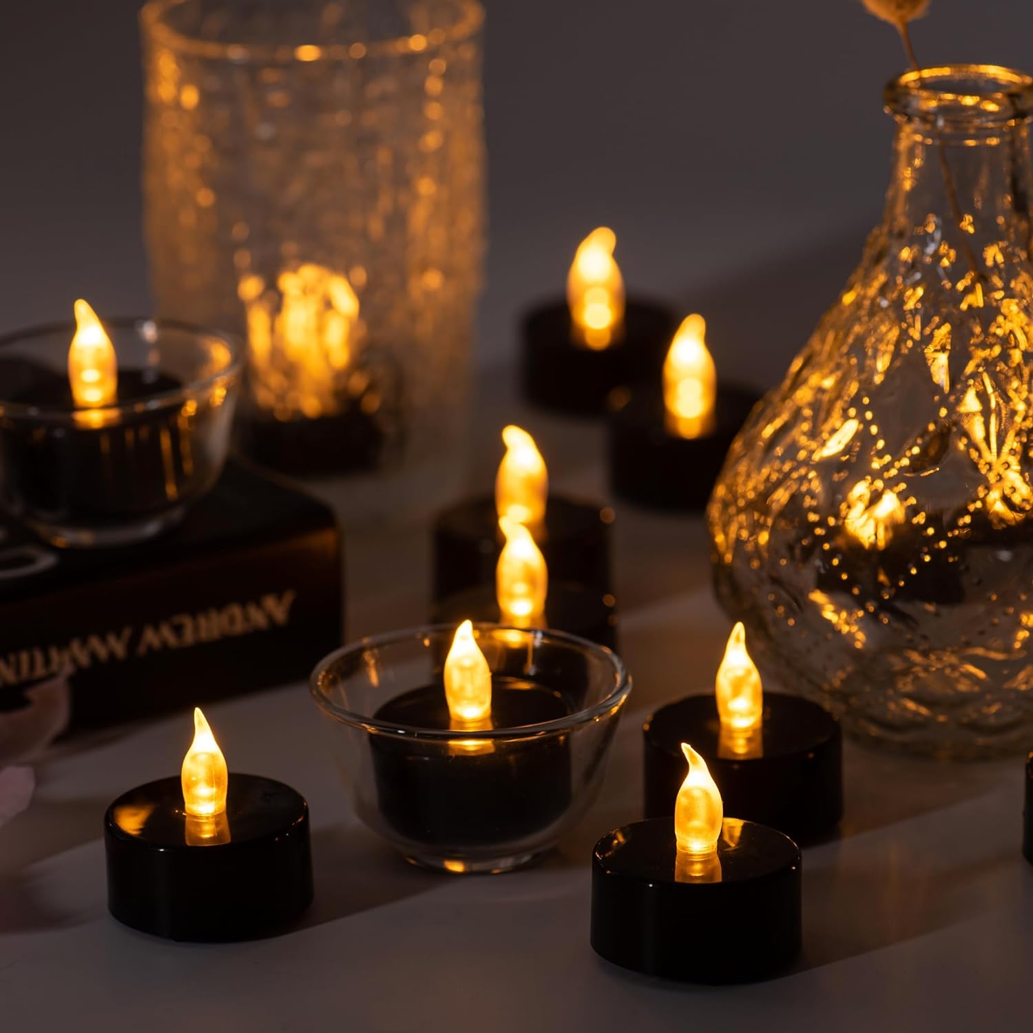 40 Pack Black Flameless Tealight Candles with Batteries - Chic Decor for Gatsby Wedding