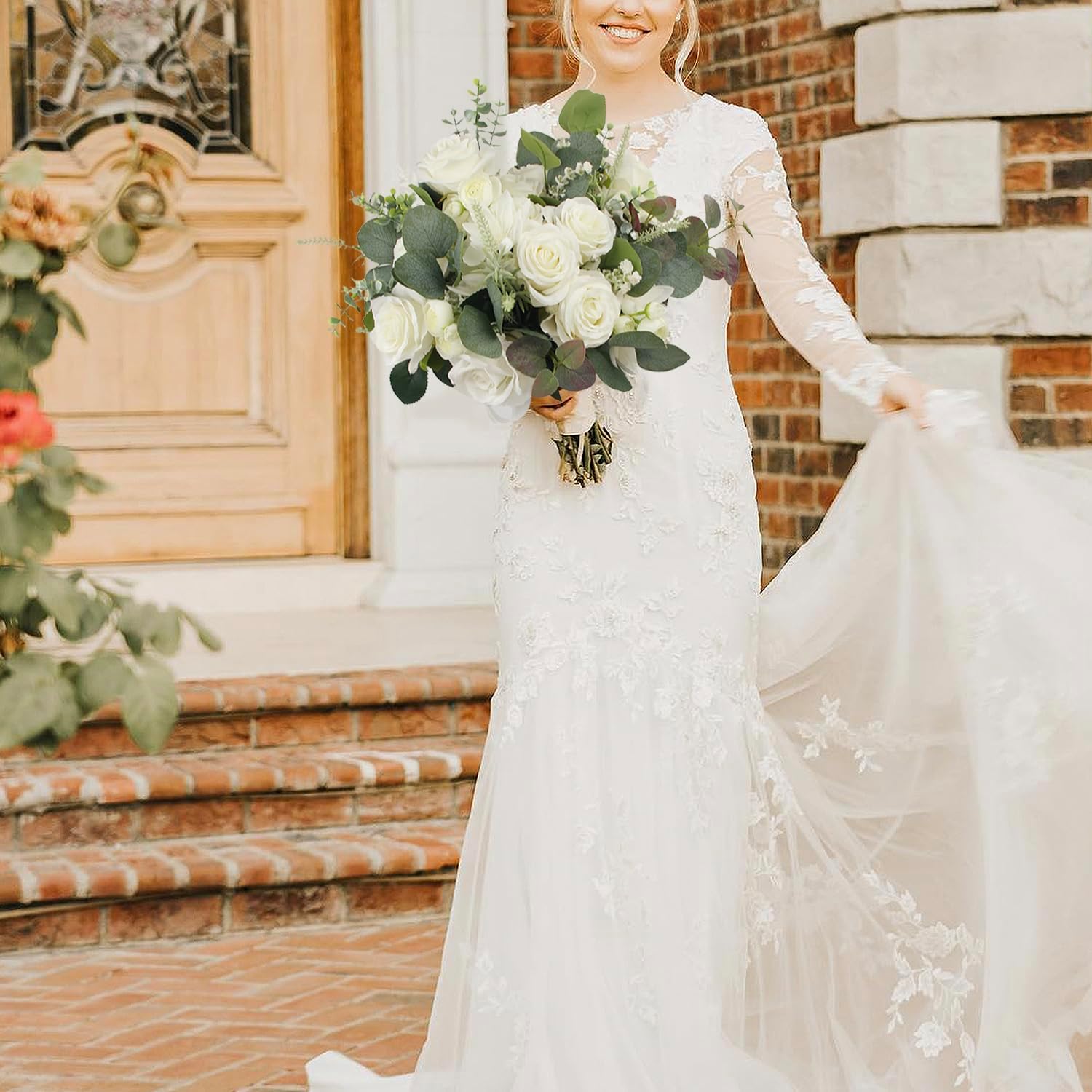 Elegant Bride's Bouquet: 13 x 7 White Roses and Eucalyptus - Timeless Wedding Accessory