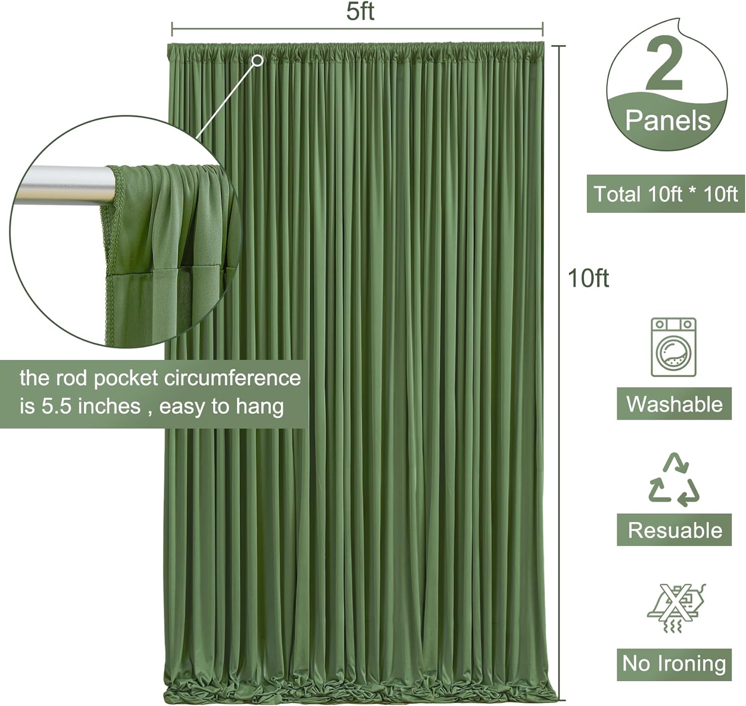 Lush Elegance: Wedding Fabric Green Curtains, 5ft x 10ft, 2 Panels - Perfect for Enchanting Wedding Decor