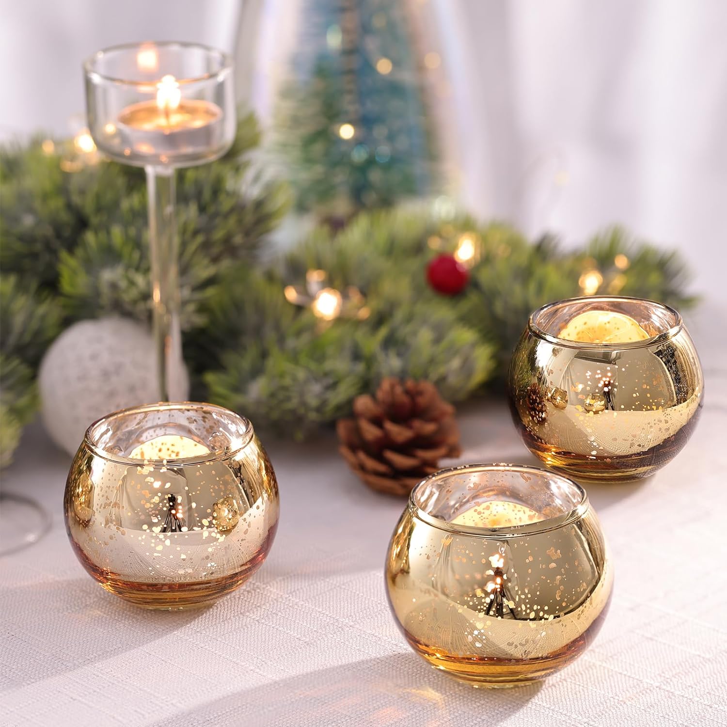 Set of 12 Round Gold Votive Candle Holders - Mercury Glass Design for Gatsby Wedding Decor