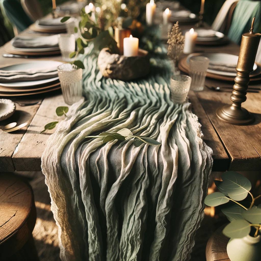 Bohemian Elegance: Sage Green Cheesecloth Table Runner, 27x160 Inch - Perfect for Rustic Boho Weddings