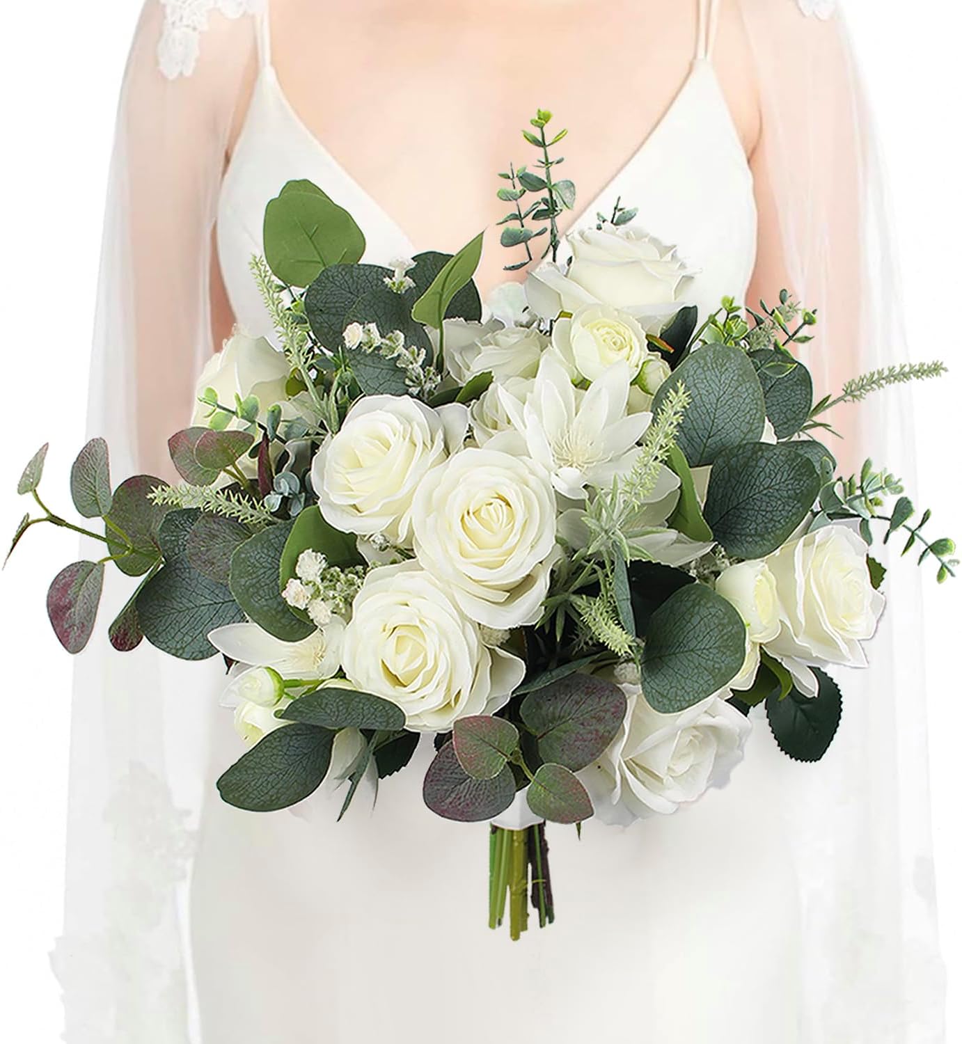 Elegant Bride's Bouquet: 13 x 7 White Roses and Eucalyptus - Timeless Wedding Accessory