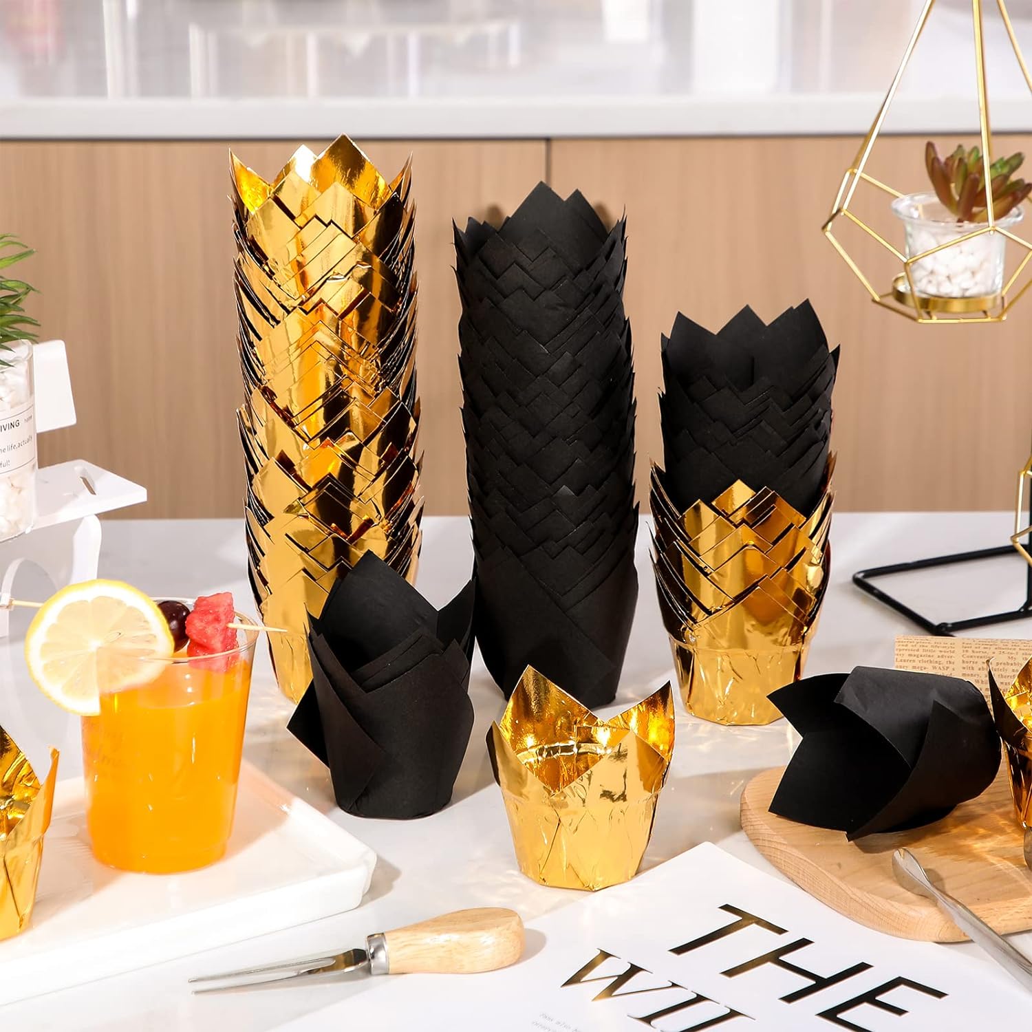 160 Pcs Gold and Black Aluminum Foil Baking Cups - Elegant Cupcake Liners for Gatsby Wedding