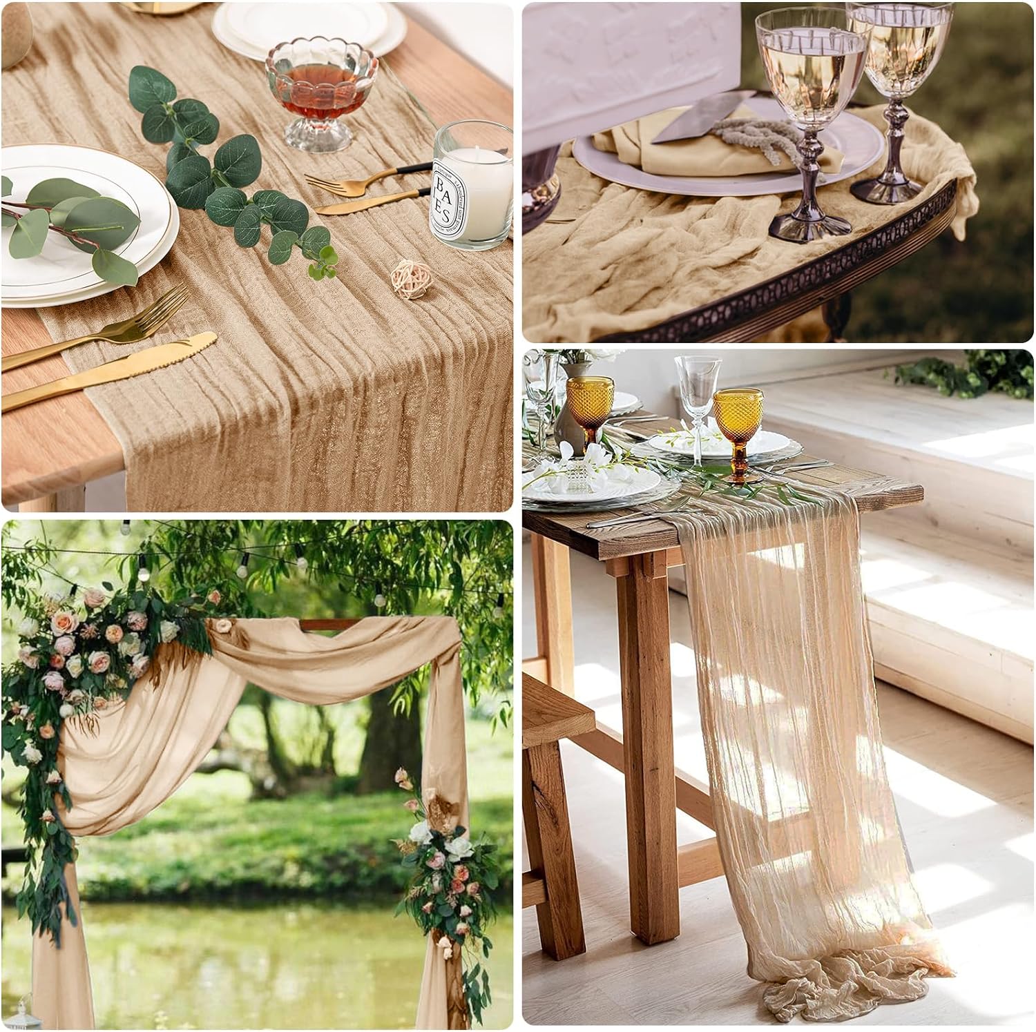 Rustic Elegance: 2-Pack Beige Cheesecloth Table Runner, 35x120 Inches - Ideal for Boho Weddings and Events