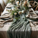 Bohemian Elegance: Sage Green Cheesecloth Table Runner, 27x160 Inch - Perfect for Rustic Boho Weddings