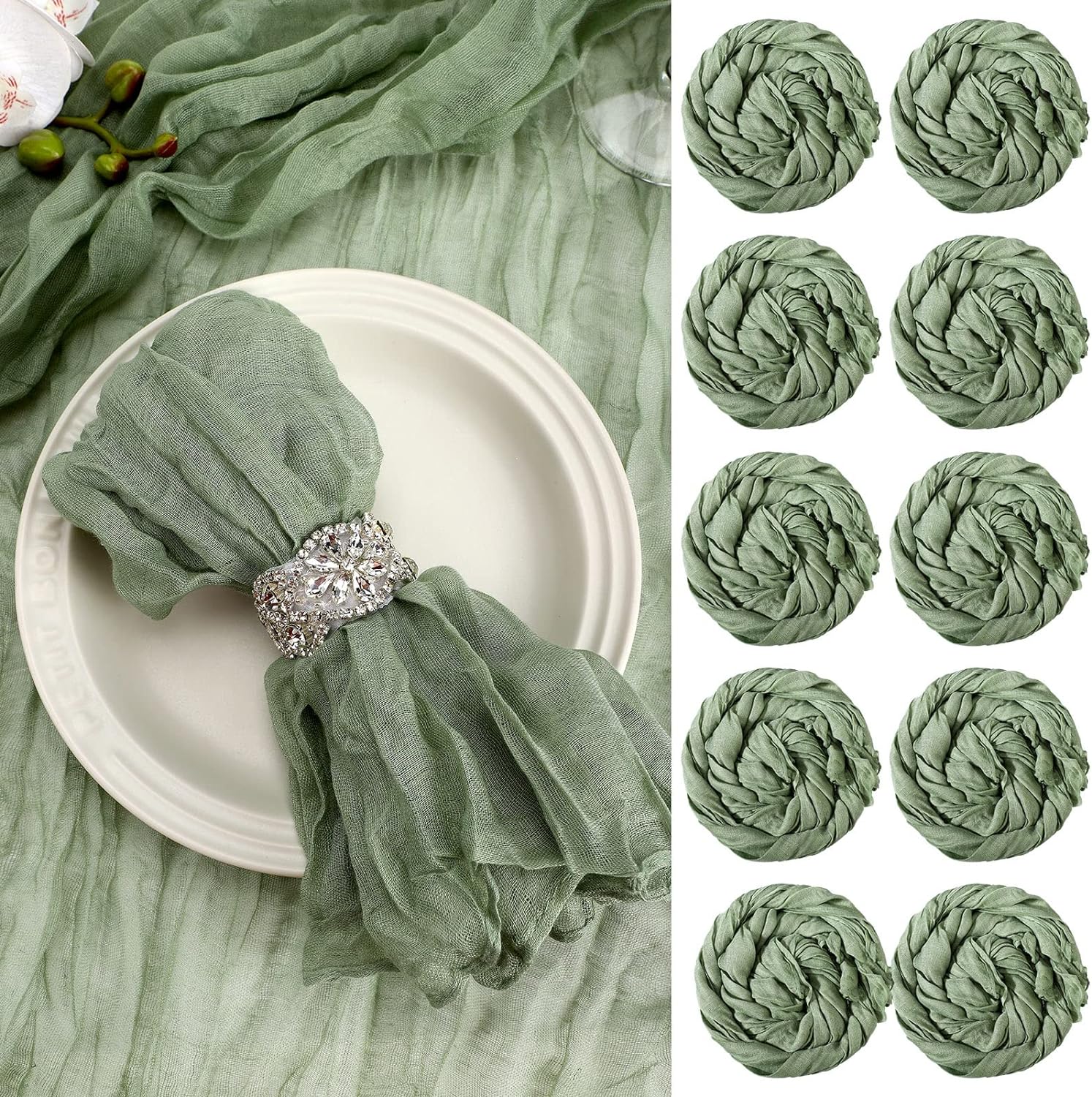 Rustic Boho Charm: Set of 20 Green Cheesecloth Dinner Napkins - Perfect for Weddings and Events