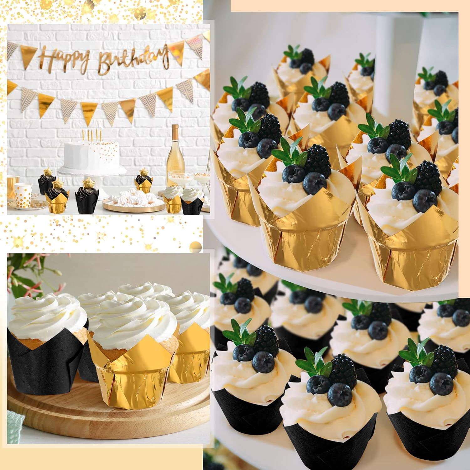 160 Pcs Gold and Black Aluminum Foil Baking Cups - Elegant Cupcake Liners for Gatsby Wedding