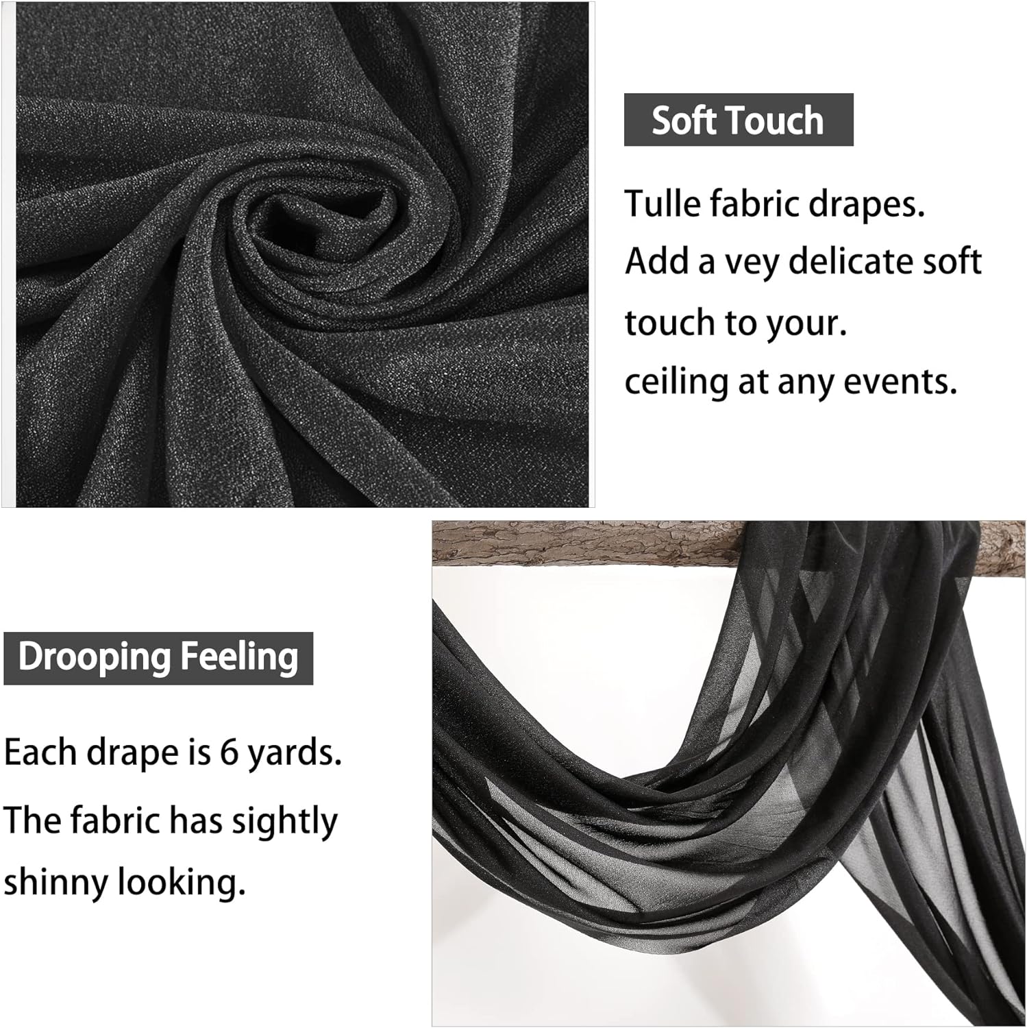 Black Wedding Arch Draping Fabric 19FT - 2 Panels Elegant Decor for Minimalist and Gatsby Weddings