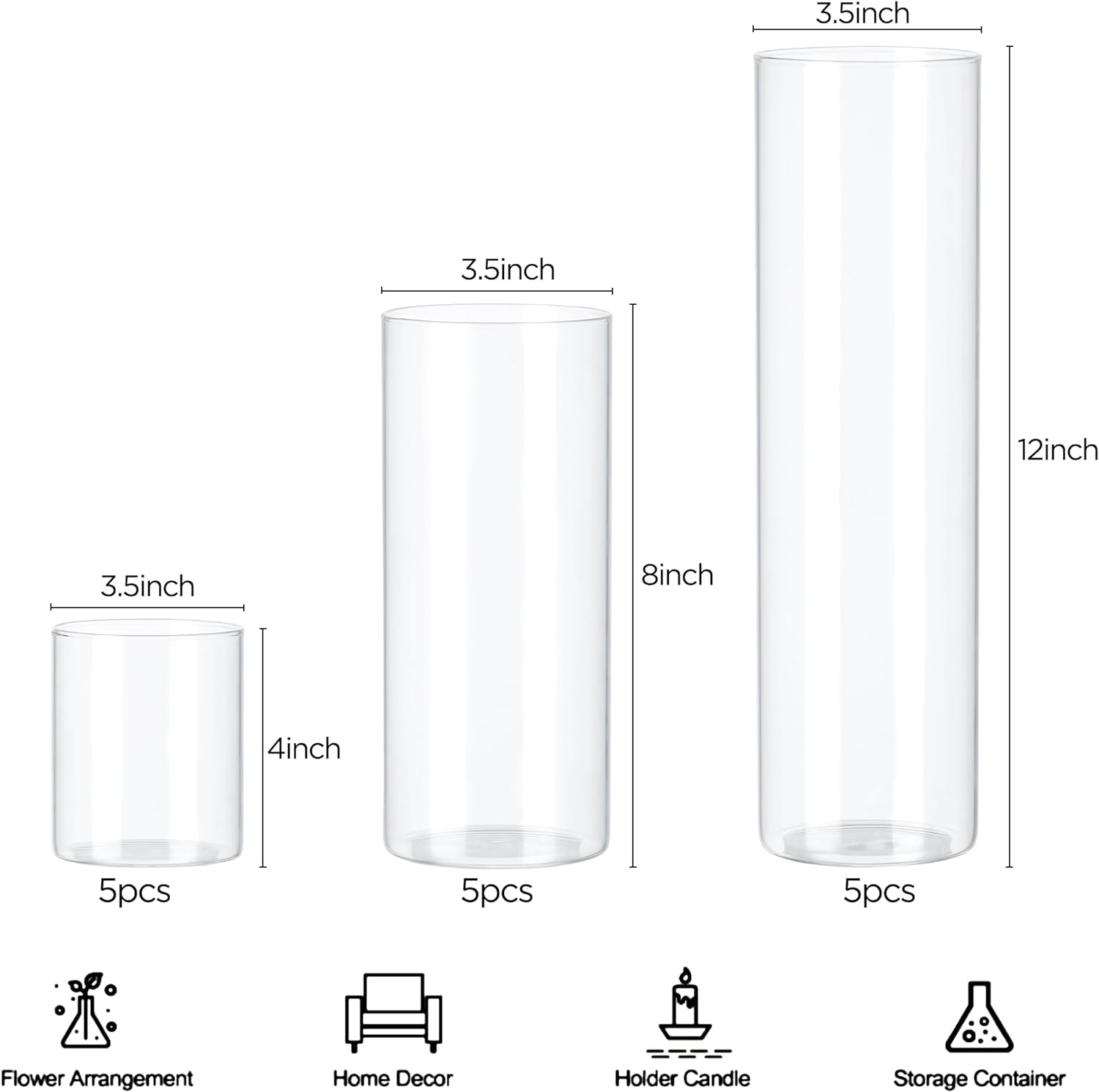 15 PCS Clear Glass Candle Cylinder Vases Set - 4, 8, 12 Inch Heights, 3.5 Inch Wide - Elegant Centerpieces for Wedding