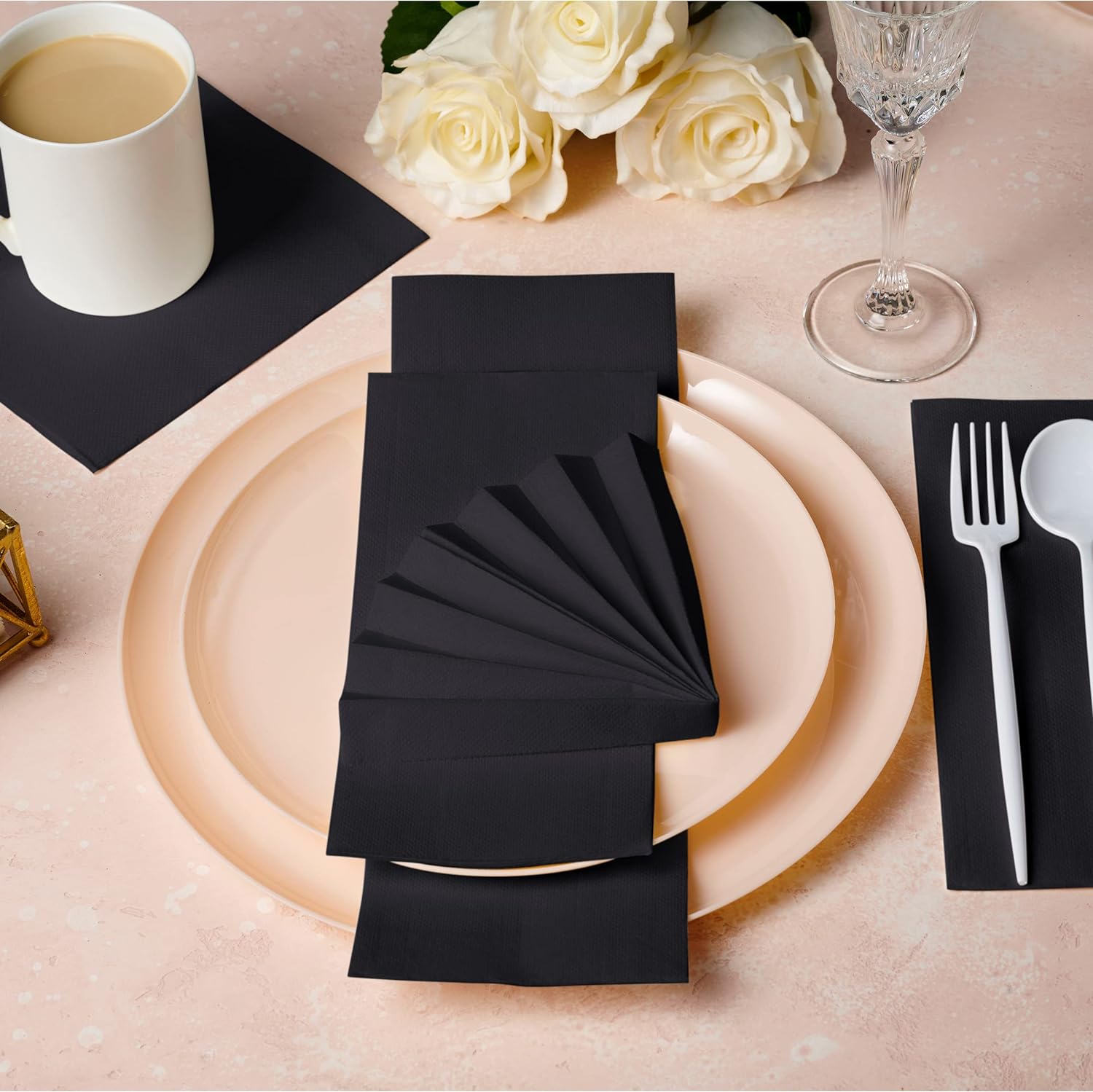 300 pcs Black Disposable Dinner Napkins 12" x 17" 2-Ply Quilted - Elegant Paper Napkins for Minimalist Wedding