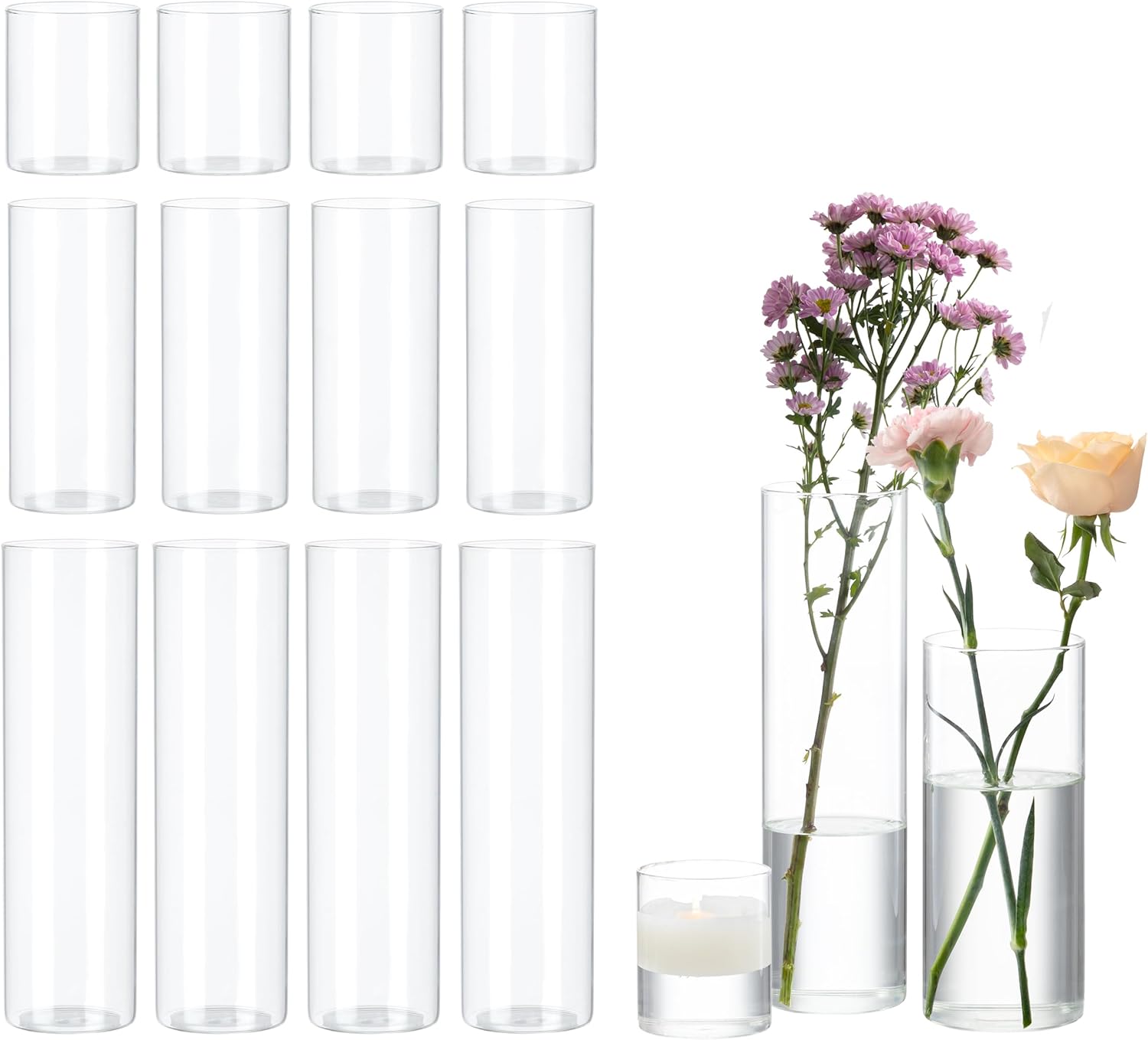 15 PCS Clear Glass Candle Cylinder Vases Set - 4, 8, 12 Inch Heights, 3.5 Inch Wide - Elegant Centerpieces for Wedding