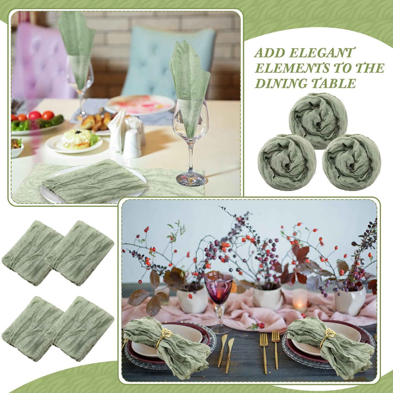 Rustic Boho Charm: Set of 20 Green Cheesecloth Dinner Napkins - Perfect for Weddings and Events