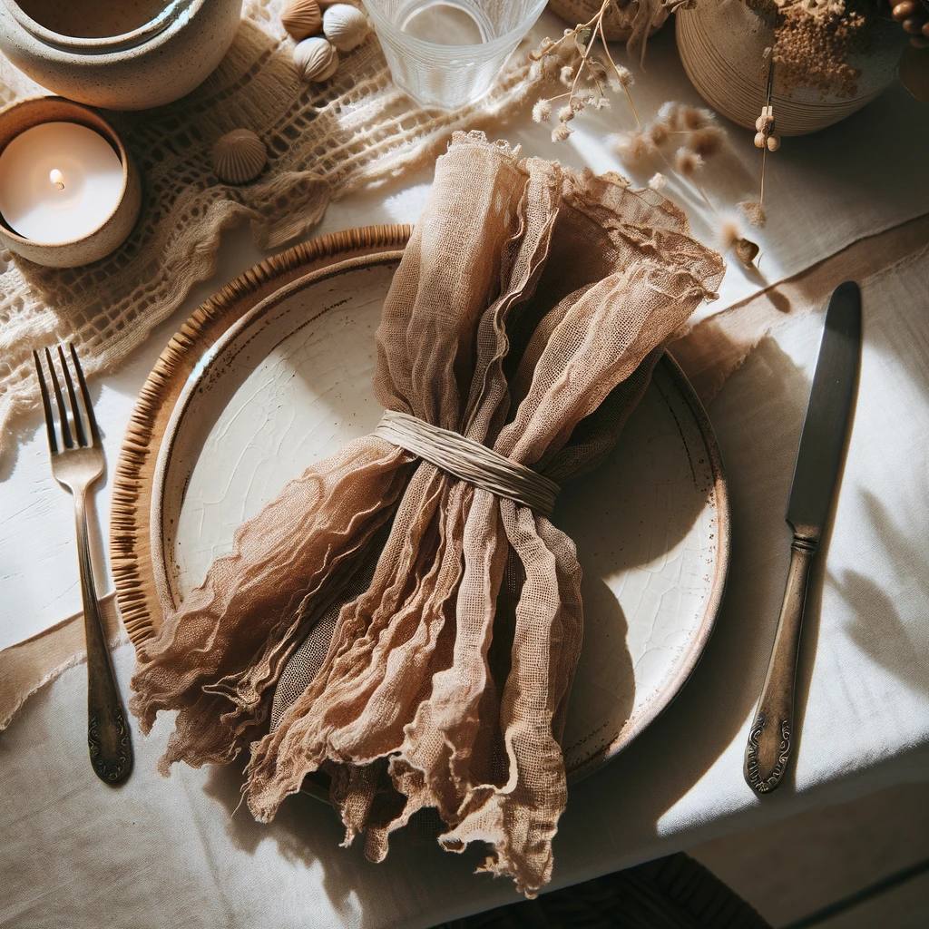 Earthy Elegance: Set of 20 Brown Cheesecloth Dinner Napkins - Rustic Boho Charm for Weddings