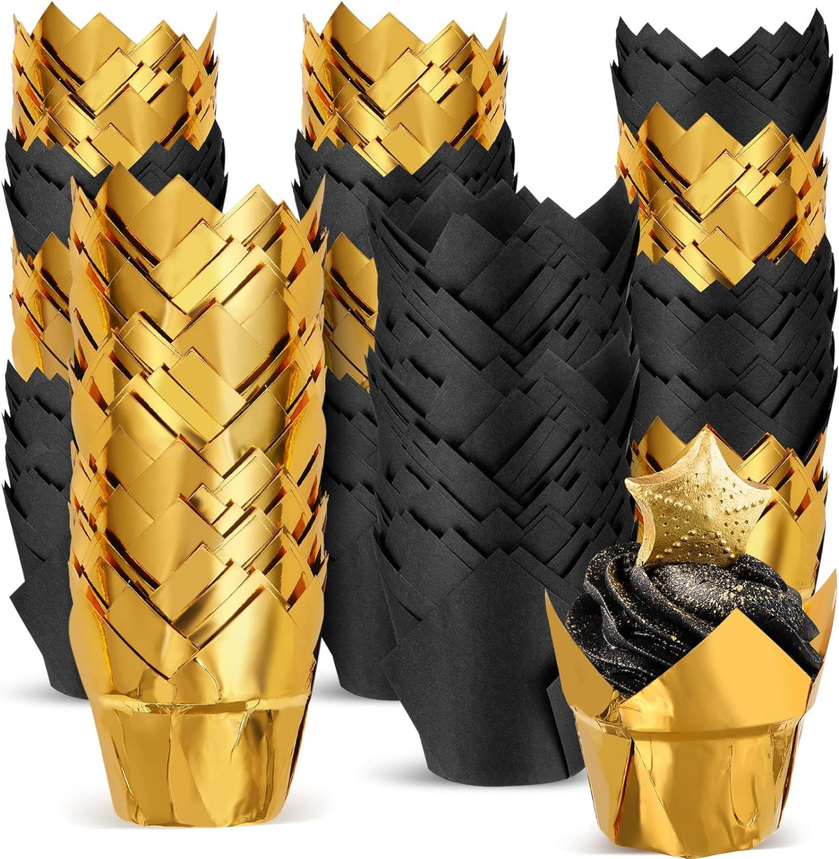 160 Pcs Gold and Black Aluminum Foil Baking Cups - Elegant Cupcake Liners for Gatsby Wedding