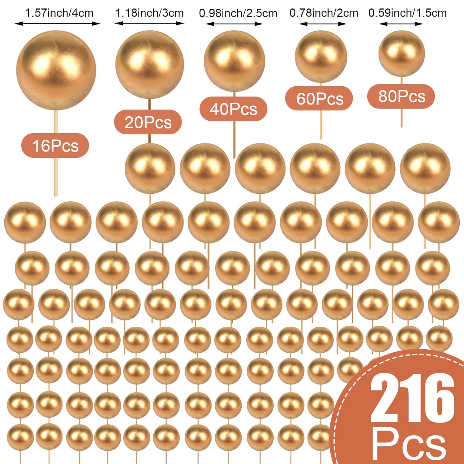 Gold 216 Pcs Balls Mini Cake Toppers Set - 5 Sizes for Elegant Gatsby Wedding Decor