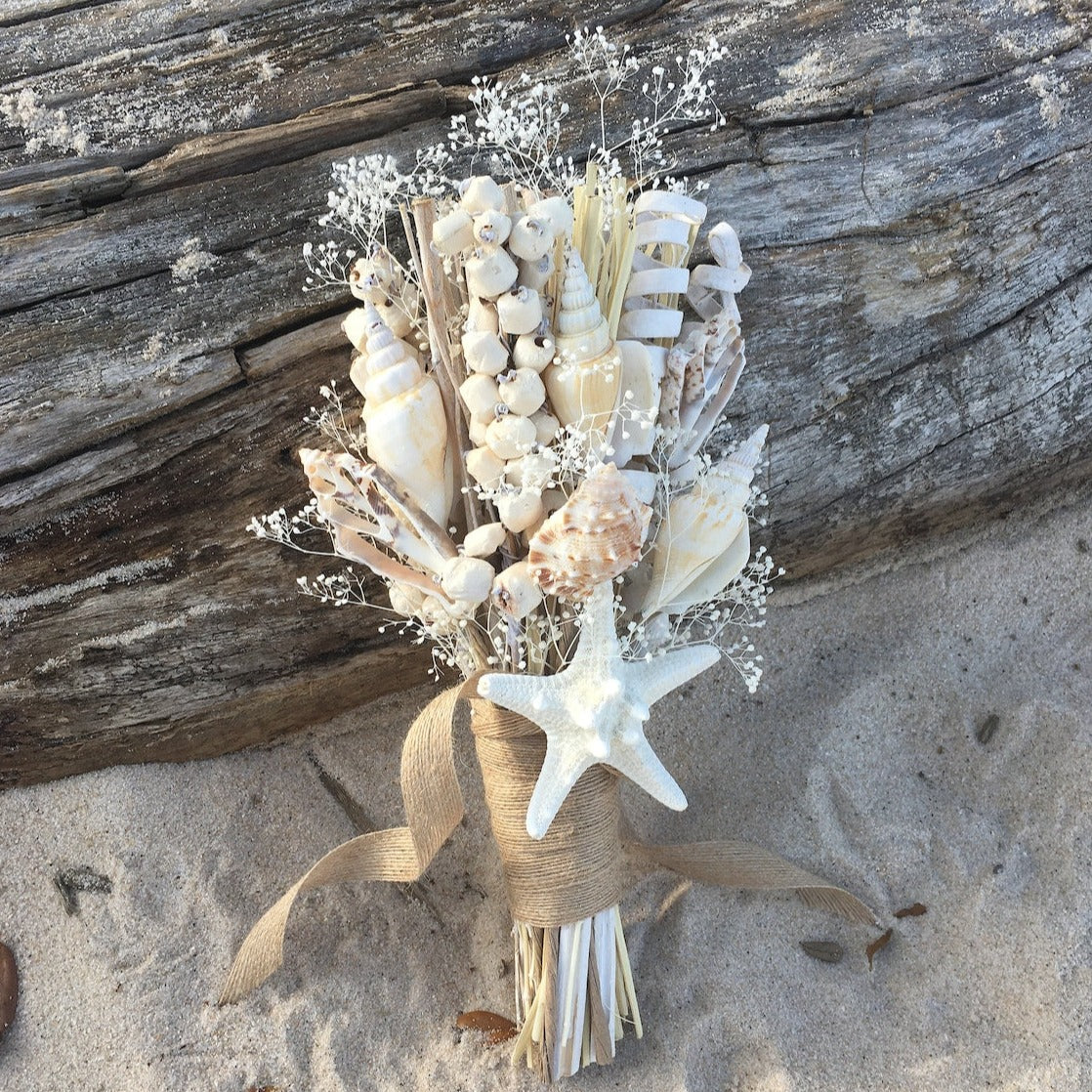 10 IN Beach Wedding Bridal Bouquet with Dried Naturals and Seashells - Unique Seaside Ceremony Accessory